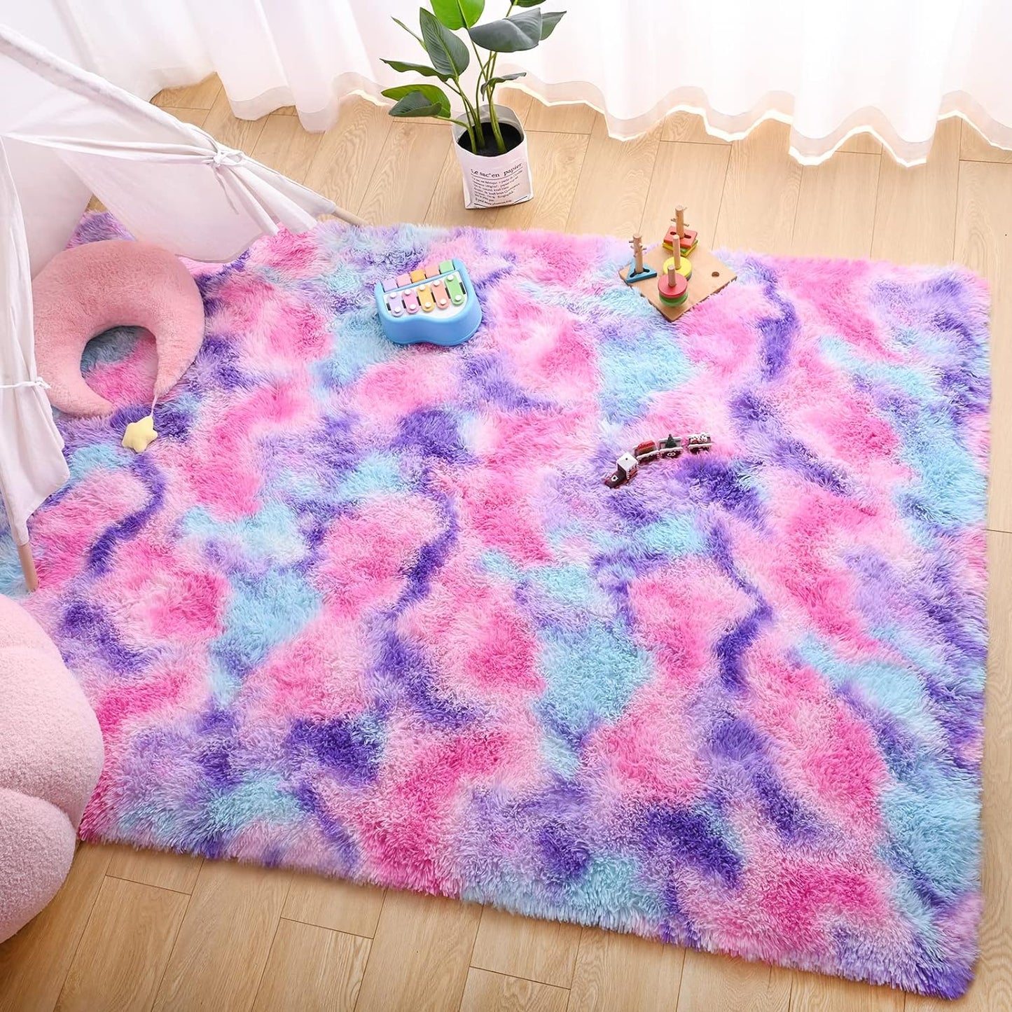 Soft Rainbow Area Rugs for Girls Room 3X5 Feet, Fluffy Cute Colorful Princess Carpet for Kids Teens Nursery Toddler,Bedroom Hot Pink