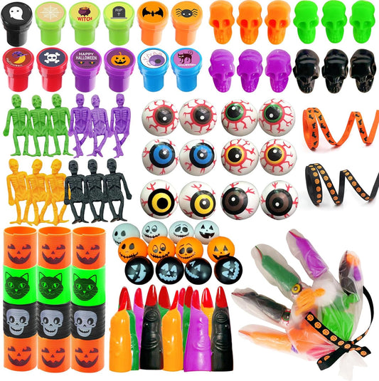 12-Set Halloween Gloves Stuffed Toys Bulk with Eyeballs, Finger, Skull Heads, Stretchy Skeleton, Hoops, Ribbon, Stamp Etc - Total 98 Pcs, Goodie Bag Fillers, Trick-Or-Treat, Party Favors