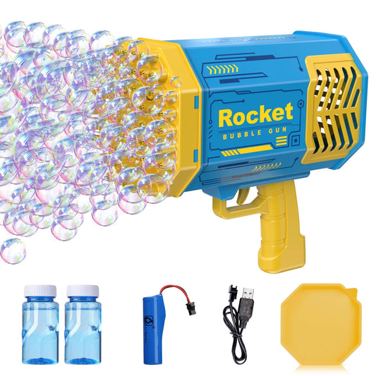 Bubble Gun, 69 Holes Bubbles Rocket Launcher Gun Machine with Colorful Light, Bubble Solution for Kids Adults, Big Rocket Boom Bubble Maker Gun Toys for Wedding Outdoor Party Gift