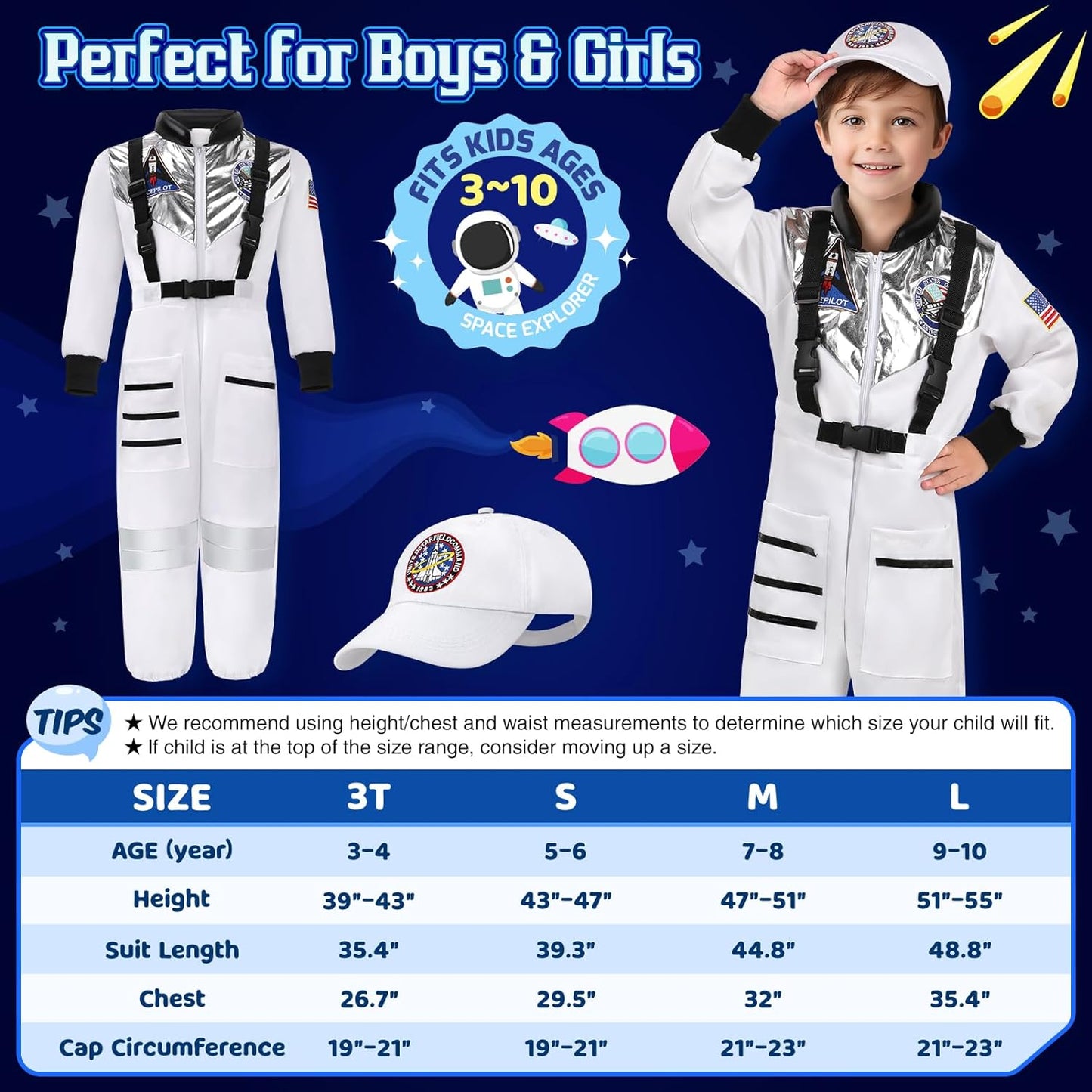 Halloween Astronaut Costume for Kids with Cap, Space Costume for Boys Girls Toddler 3-10 Pretend Role Play Dress Up