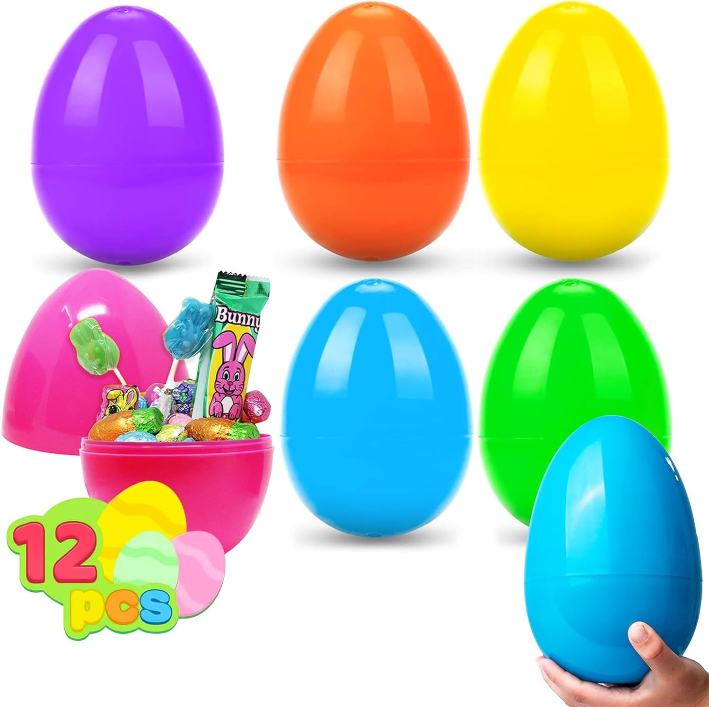 12 Pcs Jumbo Easter Eggs, 6" Bright Color Extra Large Easter Eggs Plastic Fillable Easter Egg for Easter Hunt Party Supplies, Large Enough to Fill Toys, Candy and Stuffed Animals Giant Fillable Eggs