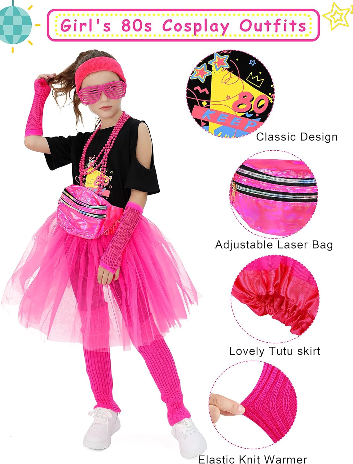 13 Pieces Kids 80S Costume Accessories Set Girl'S 80S Cosplay T-Shirt Tutu Outfit Headband Necklace Gloves Leg Warmer