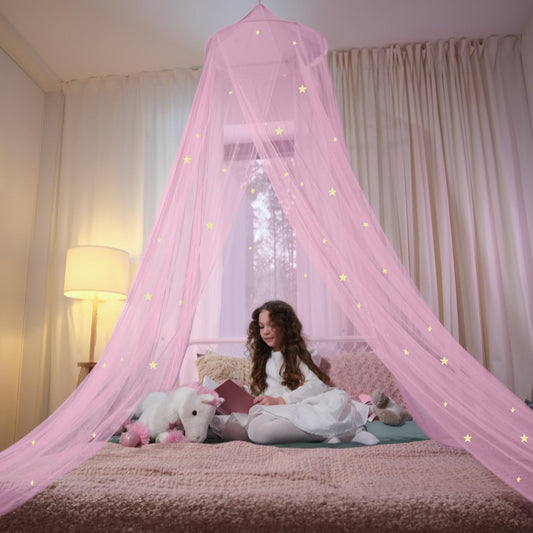 Pink Bed Canopy for Girls with Glowing Stars - Canopy Bed Curtains | Fits Single, Twin, Full, Queen Size Kids Bed, Princess Netting Room Decor, Ceiling Tent to Cover Toddler, Canopy for Bed