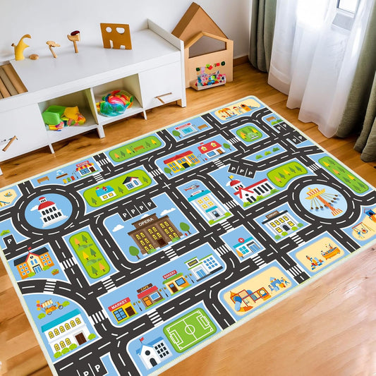 Kids Rug 2.6'X4' Car Rug Play Mat for Playing, City Life Playroom Rug Educational Carpet for Children Boy Girl, Blue Car Road Kid Rug Carpet for Playoom(Blue, 2.6'X4')