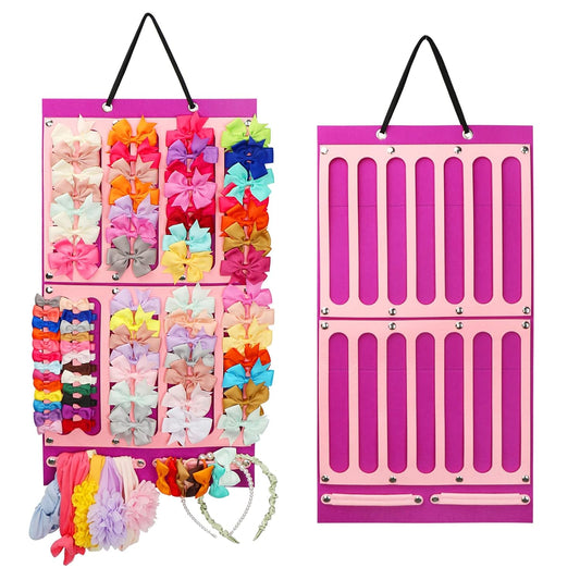 Hair Bows Holder W/Large Capacity, Hair Clips Storage Hanger W/16 Ribbons, Hair Bows Organizer, Baby Hair Accessory Storage Display W/Sturdy Rope, Wall Hanging for Girl Room-Purple