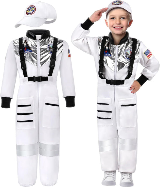 Halloween Astronaut Costume for Kids with Cap, Space Costume for Boys Girls Toddler 3-10 Pretend Role Play Dress Up