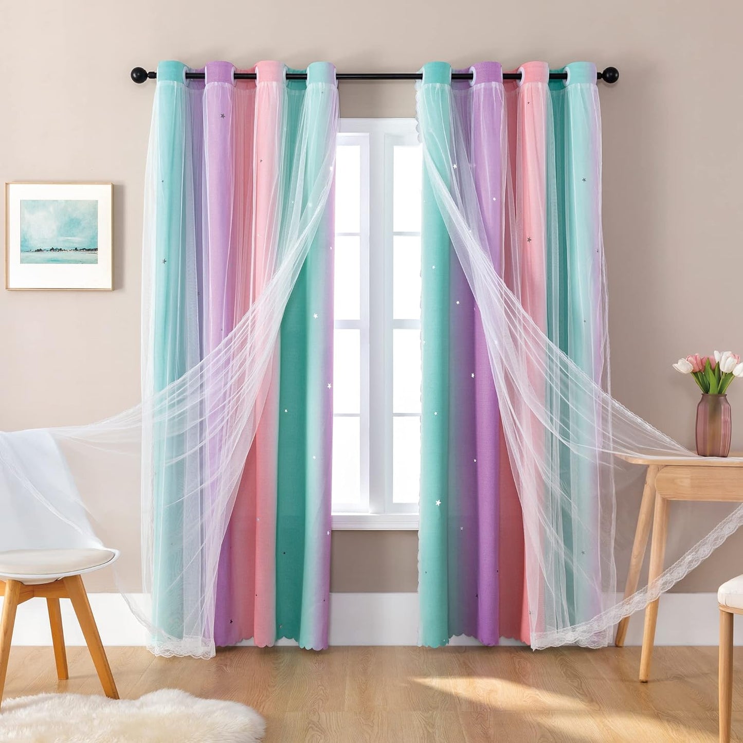 Curtains for Girls Bedroom Decor, Rainbow Curtains for Kids Room Decor, Purple Blackout Curtains for Little Girl Room, Unicorn Wall Decals Pink Curtains Green, 63 Inches Long 34 Wide 1 Panel