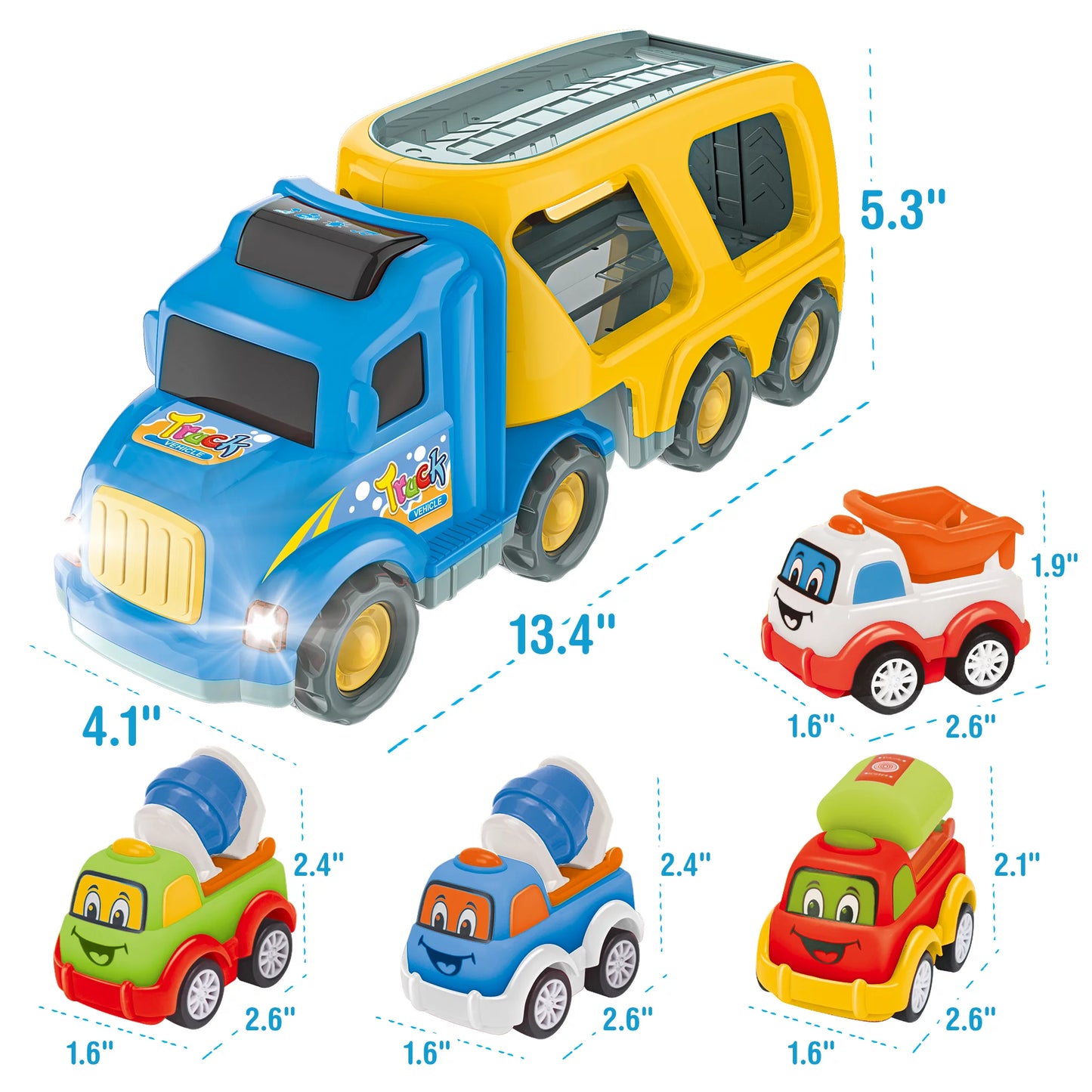 Construction Toy Trucks for 3 Year Old Boys, 5 in 1 Carrier Truck Toy Vehicle for 3 4 5 6 Year Old Boy Birthday Gift, Kids Toys, Friction Powered Cars for Toddlers, Age 3-7, Sound and Light