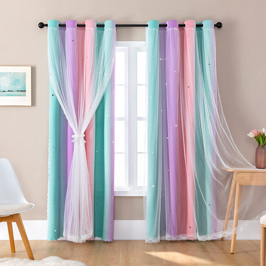 Curtains for Girls Bedroom Decor, Rainbow Curtains for Kids Room Decor, Purple Blackout Curtains for Little Girl Room, Unicorn Wall Decals Pink Curtains Green, 63 Inches Long 34 Wide 1 Panel