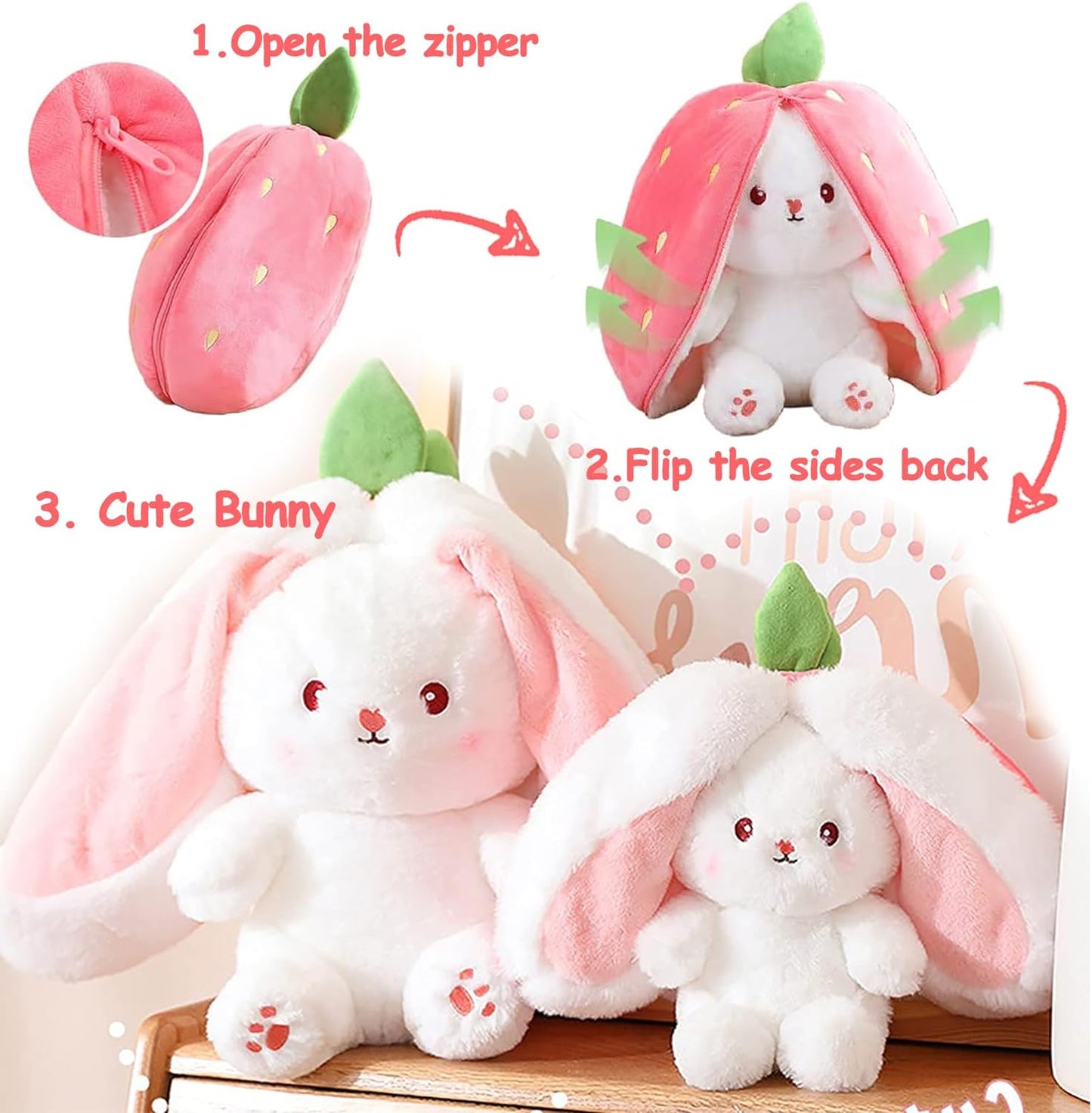 Bunny Stuffed Animal Reversible Cuddle Bunny Stuffed,Strawberry Bunny Transformed Rabbit Plush Zipper,Carrot That Turns into Ears Bunnies Plushies Toy Cute Stuffy Doll Easter Girlfriend Gift