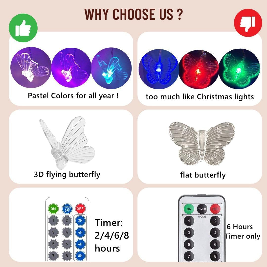 Butterfly Fairy Lights for Bedroom Curtain Lights Twinkle Pastel Cute String Lights Led Hanging for Kids Girls Room for Wall Bed Ceiling Decor with Remote Dimmer