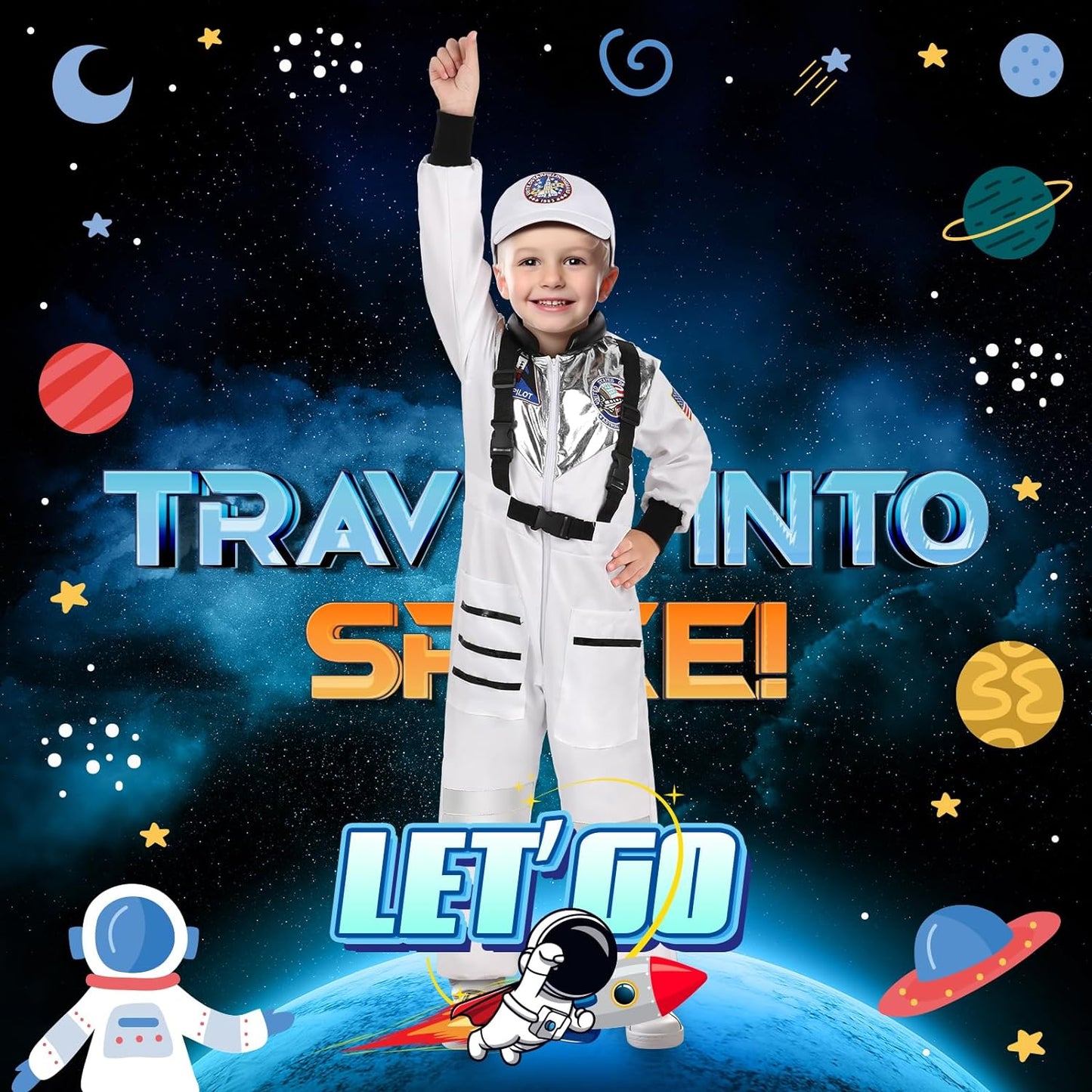 Halloween Astronaut Costume for Kids with Cap, Space Costume for Boys Girls Toddler 3-10 Pretend Role Play Dress Up