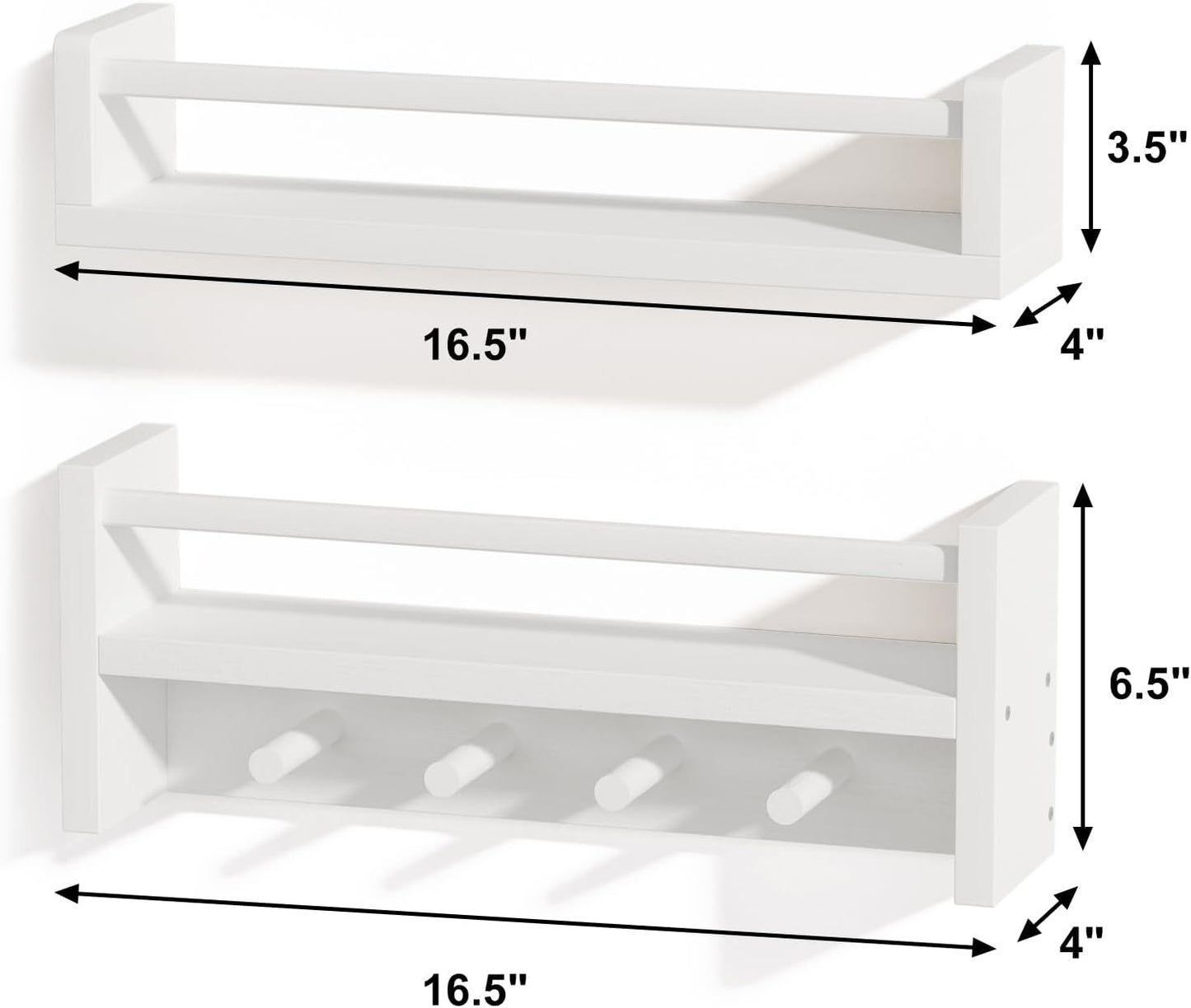 Nursery Book Shelves, Set of 4, 16.5 Inch Floating Wall Bookshelves for Kids Room, Solid Wood Shelves with Wooden Hooks for Books, Toys and Decor Storage (White)