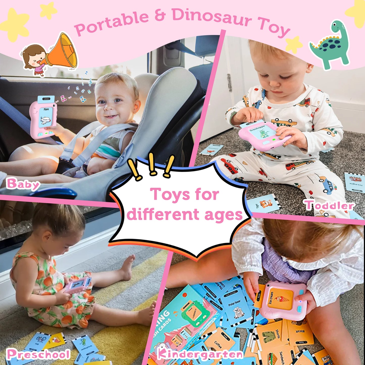 Upgraded Talking Flash Cards,Big Button Toys for 2,3,4,5,6 Years Old Girls, Educational Games for Toddlers, Preschool Learning Toys for 2 3 4 5 6 Years Old Kids, Dinosaur Toys, Christmas Gifts