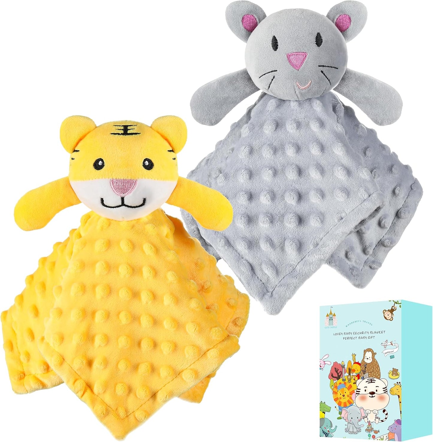 Security Blanket for Babies Gifts - Soft Unisex Newborn Essentials for Boys and Girls - Neutral Baby Stuff Snuggle Toy - Baby Registry Search Shower (Tiger & Grey Elephant)