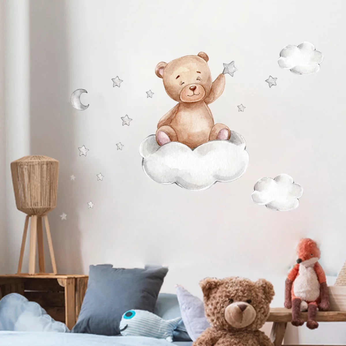 Bear Sleeping on the Moon and Stars Wall Stickers for Kids Room Baby Room Decoration Wall Decals Room Interior