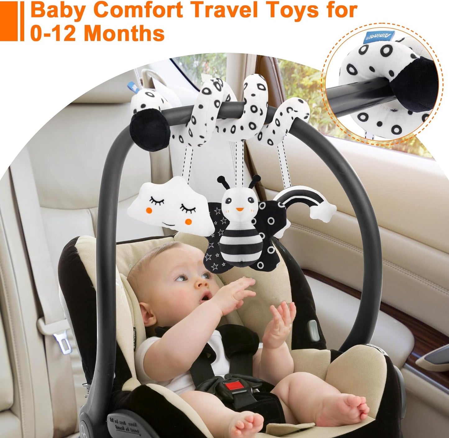 Infant Car Seat Toys for Babies 0-6 Months: Travel Baby Toy for Rear Car Seat, Adjustable Mobile Activity Arch with Music, Sensory Hanging Toy Fits Safetycrib, Stroller (Black Whtie)