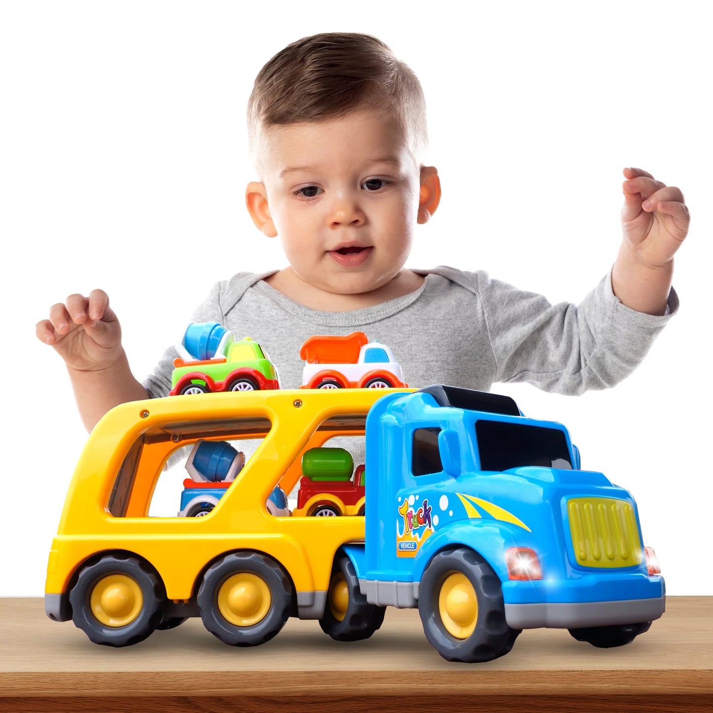 Construction Toy Trucks for 3 Year Old Boys, 5 in 1 Carrier Truck Toy Vehicle for 3 4 5 6 Year Old Boy Birthday Gift, Kids Toys, Friction Powered Cars for Toddlers, Age 3-7, Sound and Light