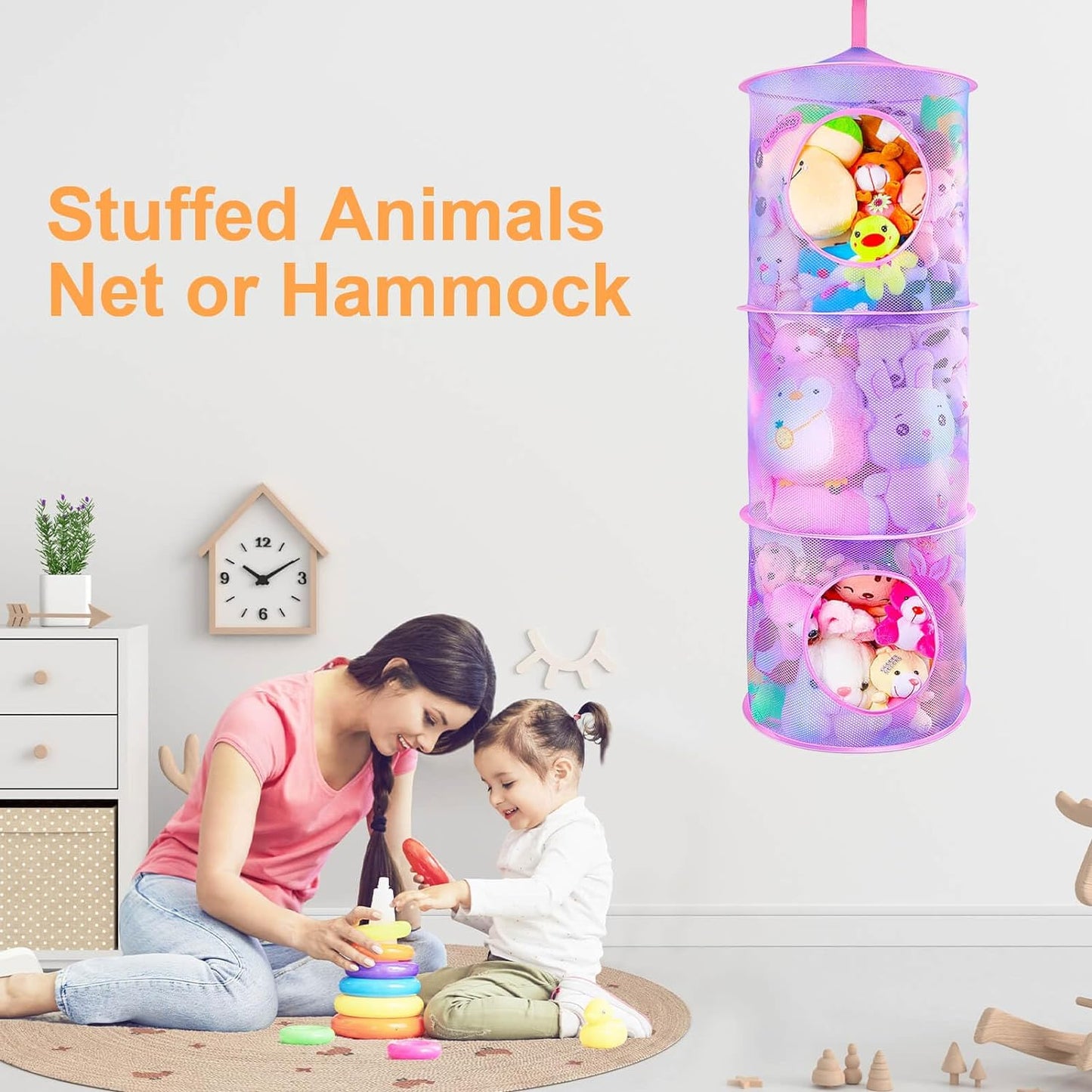 Stuffed Animals Net or Hammock 2Pcs Hanging Stuffed Animals Storage Toy Net Hammock for Stuffed Animals Organizer Mesh Hammock Kids Girls Room Decor, Purple, 3 Tiers