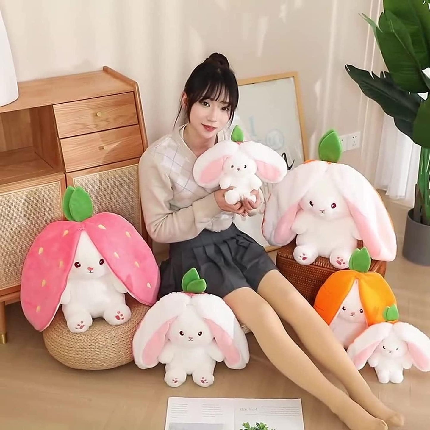 Bunny Stuffed Animal Reversible Cuddle Bunny Stuffed,Strawberry Bunny Transformed Rabbit Plush Zipper,Carrot That Turns into Ears Bunnies Plushies Toy Cute Stuffy Doll Easter Girlfriend Gift