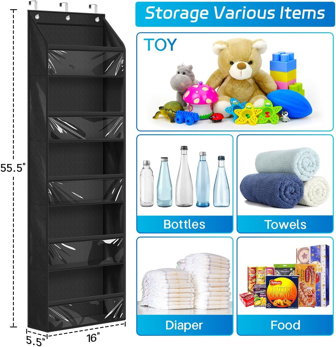 over the Door Organizer Storage Hanging Shelves for Closet Door with 5 Large Pockets Fits Bedroom, Bathroom，Dorm for Clothes Storage, Baby Diapers, Stuffed Animals, Black