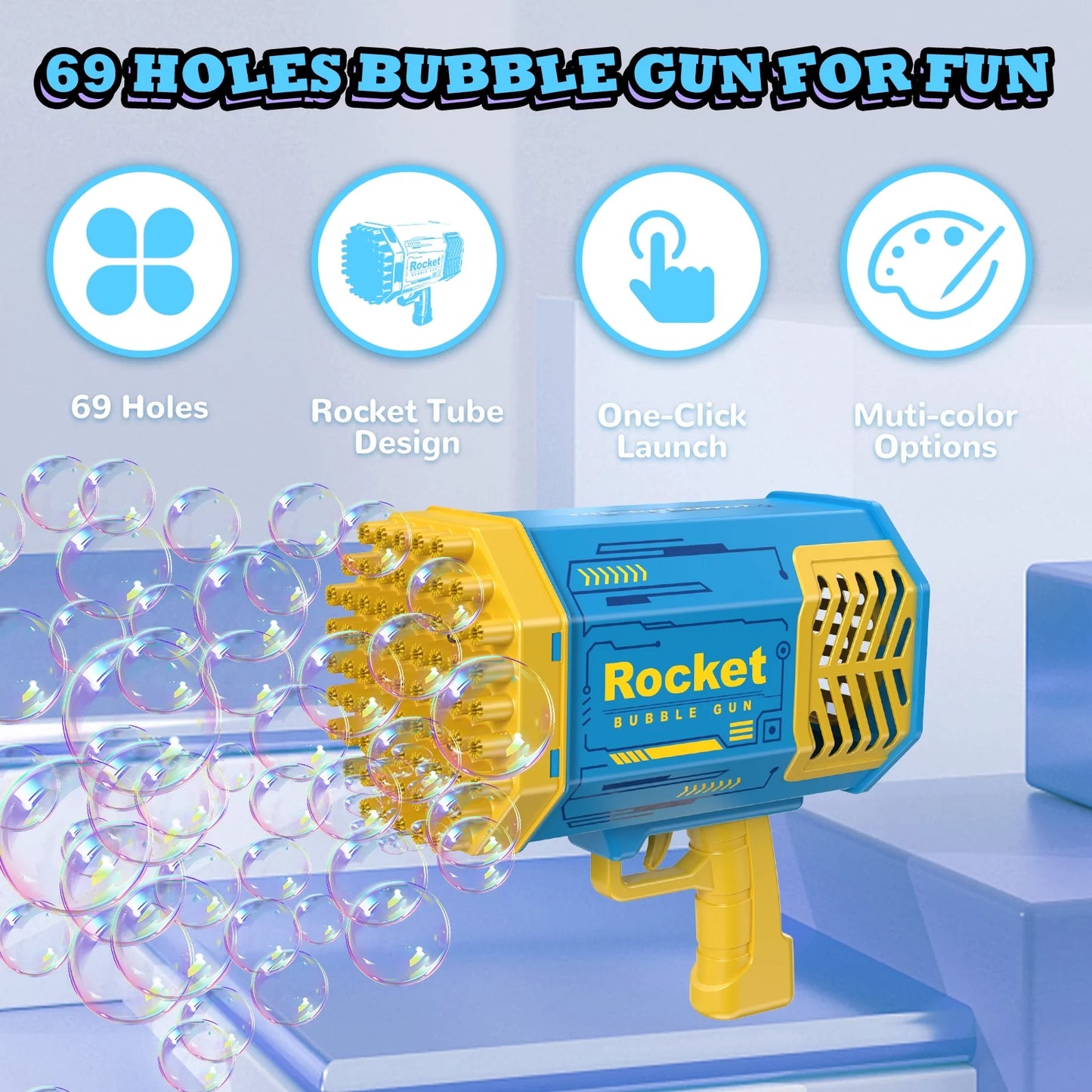 Bubble Gun, 69 Holes Bubbles Rocket Launcher Gun Machine with Colorful Light, Bubble Solution for Kids Adults, Big Rocket Boom Bubble Maker Gun Toys for Wedding Outdoor Party Gift