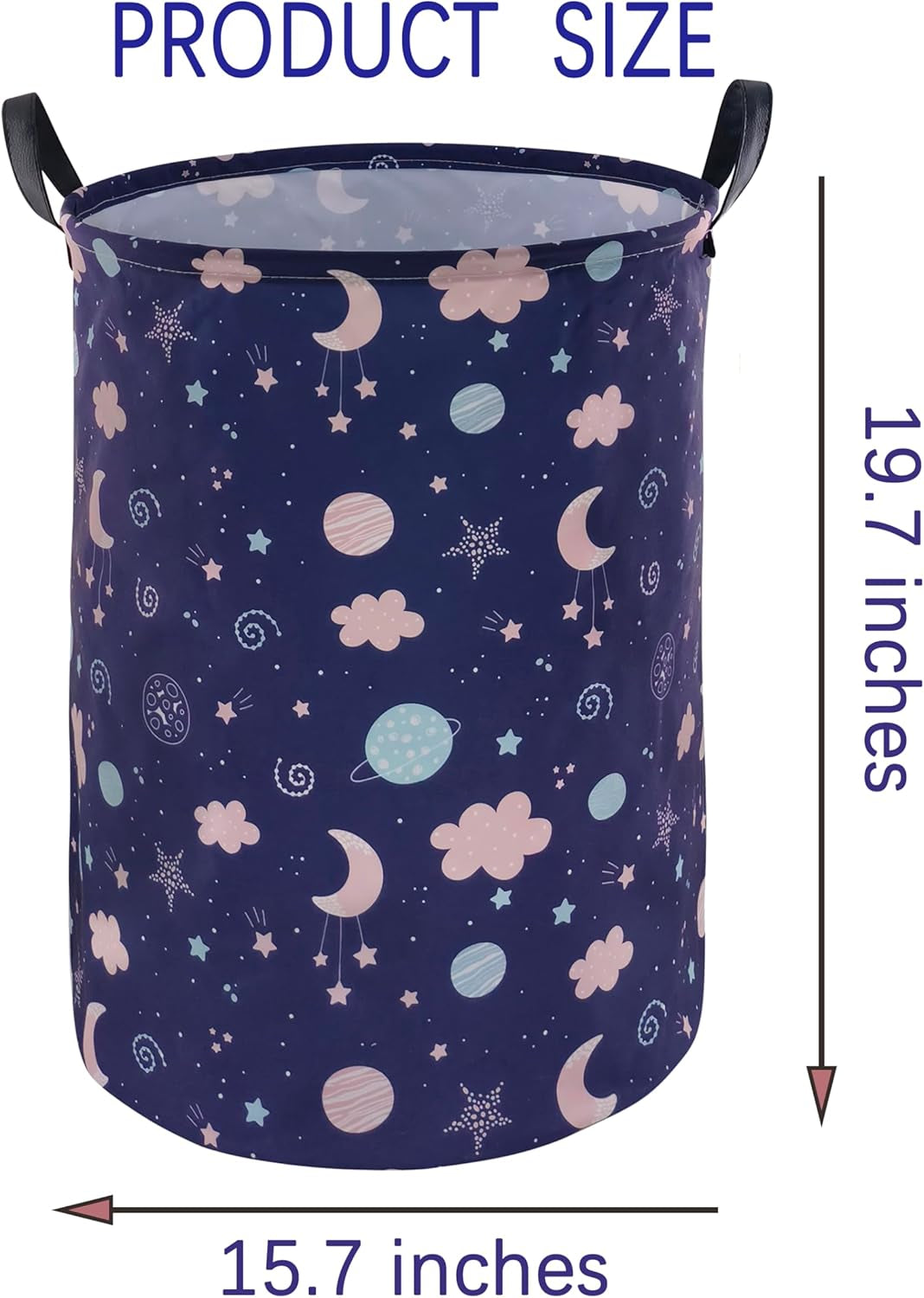 Round Laundry Basket Waterproof Canvas Large Clothes Basket with Handles Cute Cartoon Kids Nursery Hamper for Kids Room Toy Storage Girls Room Decor (Round Blue Moon)