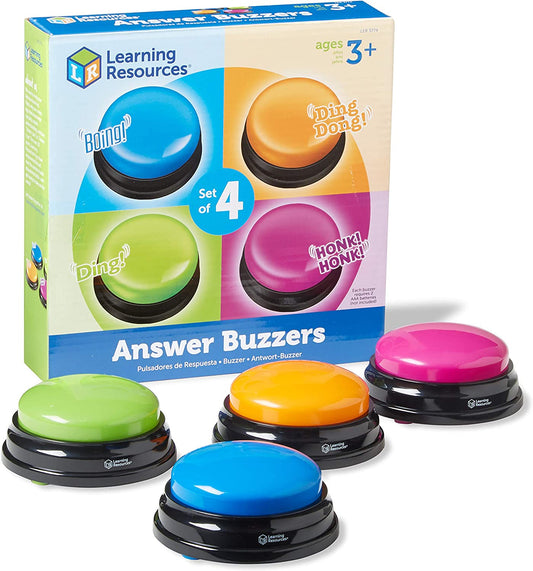 Answer Buzzers - Set of 4, Ages 3+, Assorted Colored Buzzers, Game Show Buzzers, Perfect for Family Game and Trivia Nights, for Kids