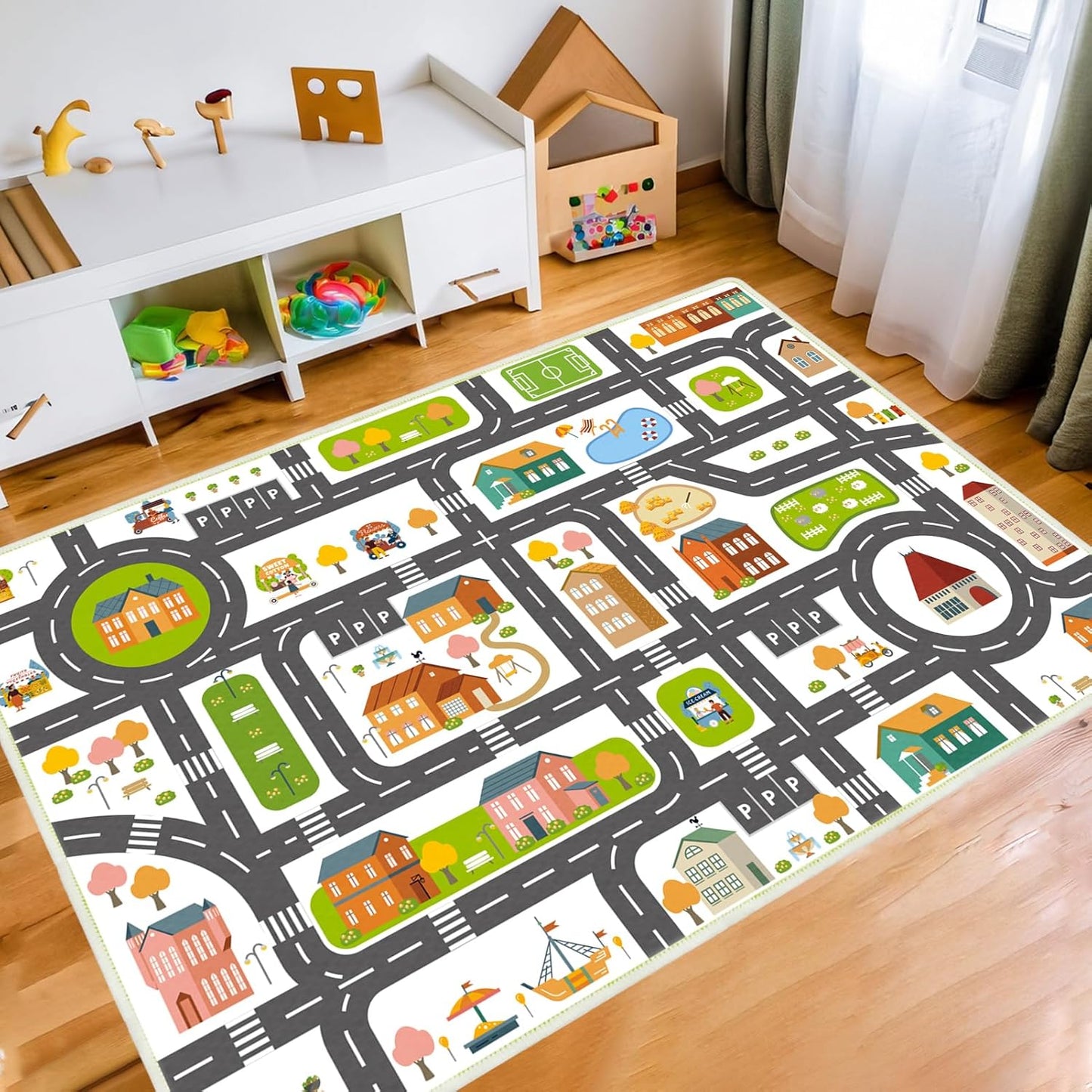 Car Road Kid Rug31.5In X 47In Carpet Playmat for Playoom Traffic Road Kids Play Mat for Toddler Non Slip Washable City Map Carpet Rug for Kids Room Nursery Room Decor (White)