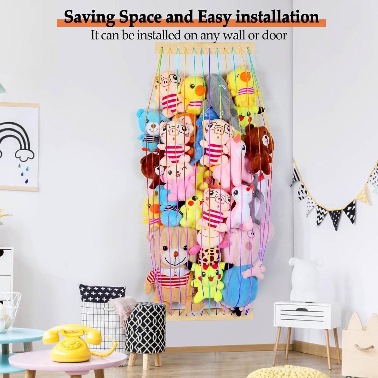 Stuffed Animal Storage Wood Soft Toy Organizer for Kids Room，Cute and Durable Wall or Door Mount Length Adjustable Hanging Stuffed Animal Toy Organizer Shelf for Nursery Play Room Rainbow -Patent