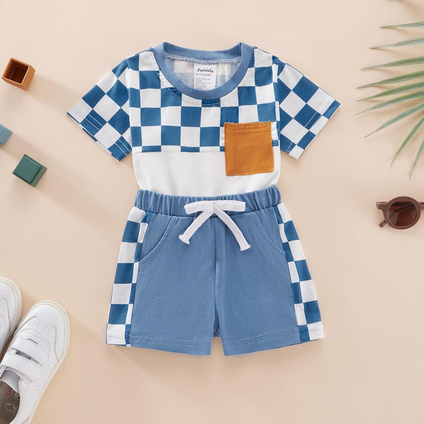 Toddler Baby Boy Summer Outfit Set Short Sleeve Patchwork T-Shirt Tops Pocket Elastic Waist Shorts Casual Clothes