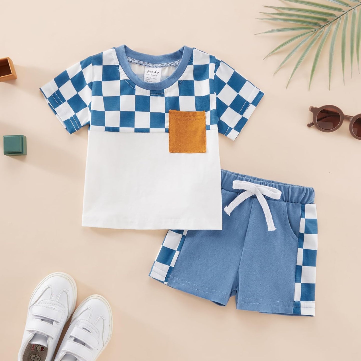 Toddler Baby Boy Summer Outfit Set Short Sleeve Patchwork T-Shirt Tops Pocket Elastic Waist Shorts Casual Clothes