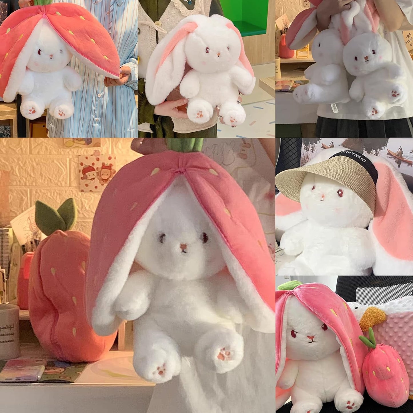 Bunny Stuffed Animal Reversible Cuddle Bunny Stuffed,Strawberry Bunny Transformed Rabbit Plush Zipper,Carrot That Turns into Ears Bunnies Plushies Toy Cute Stuffy Doll Easter Girlfriend Gift