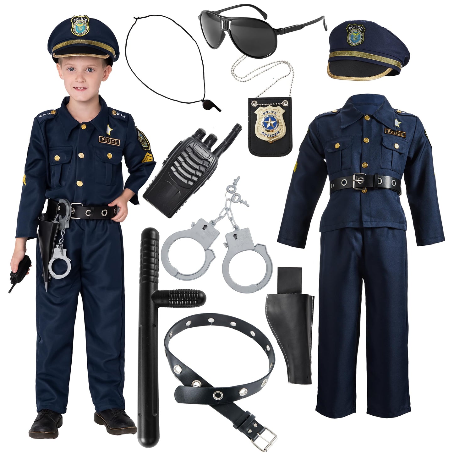 Police Officer Costume Set for Boys, Police Man Pretend Kit Halloween Costume Cosplay for Toddler Kids 3-10 Years