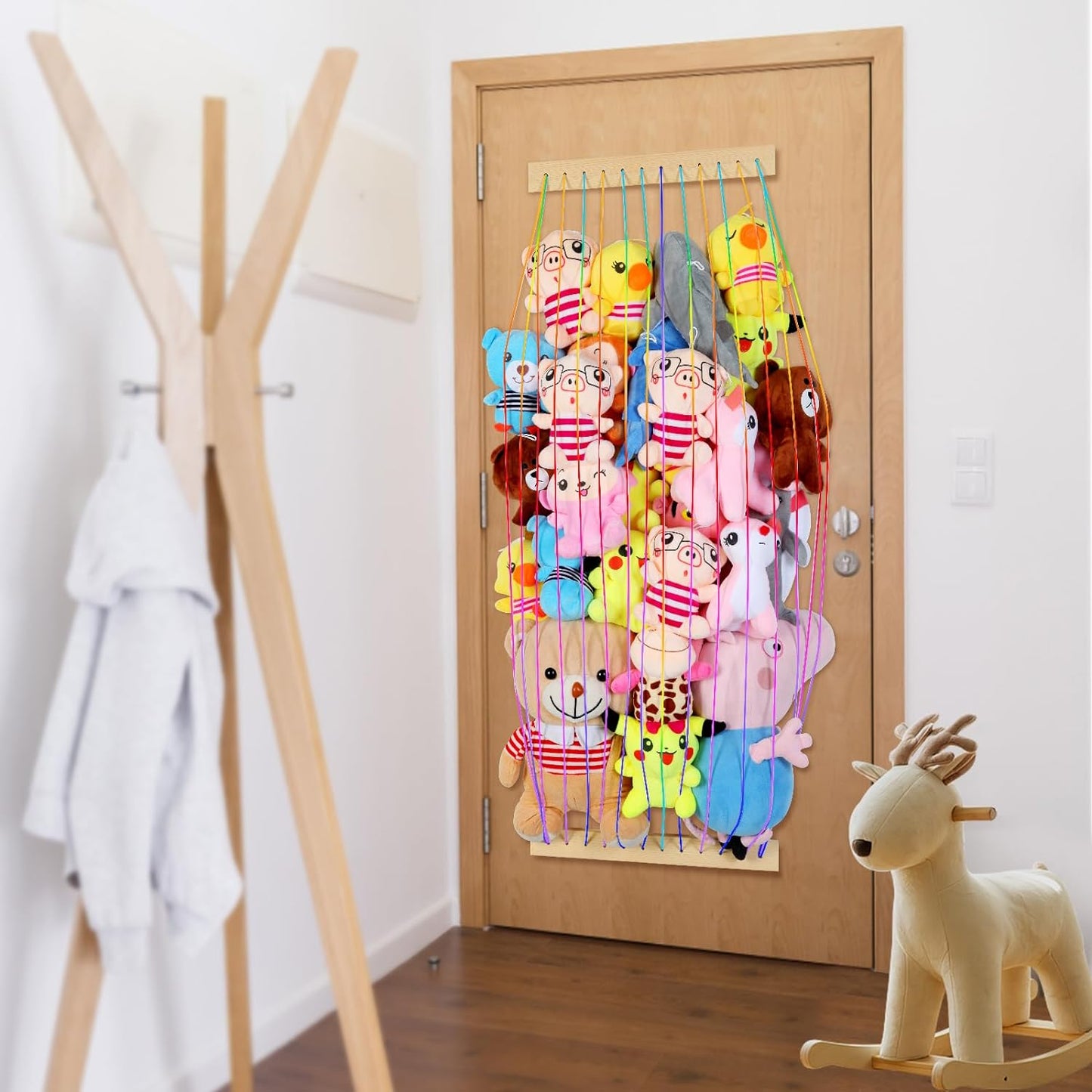 Stuffed Animal Storage Wood Soft Toy Organizer for Kids Room，Cute and Durable Wall or Door Mount Length Adjustable Hanging Stuffed Animal Toy Organizer Shelf for Nursery Play Room Rainbow -Patent