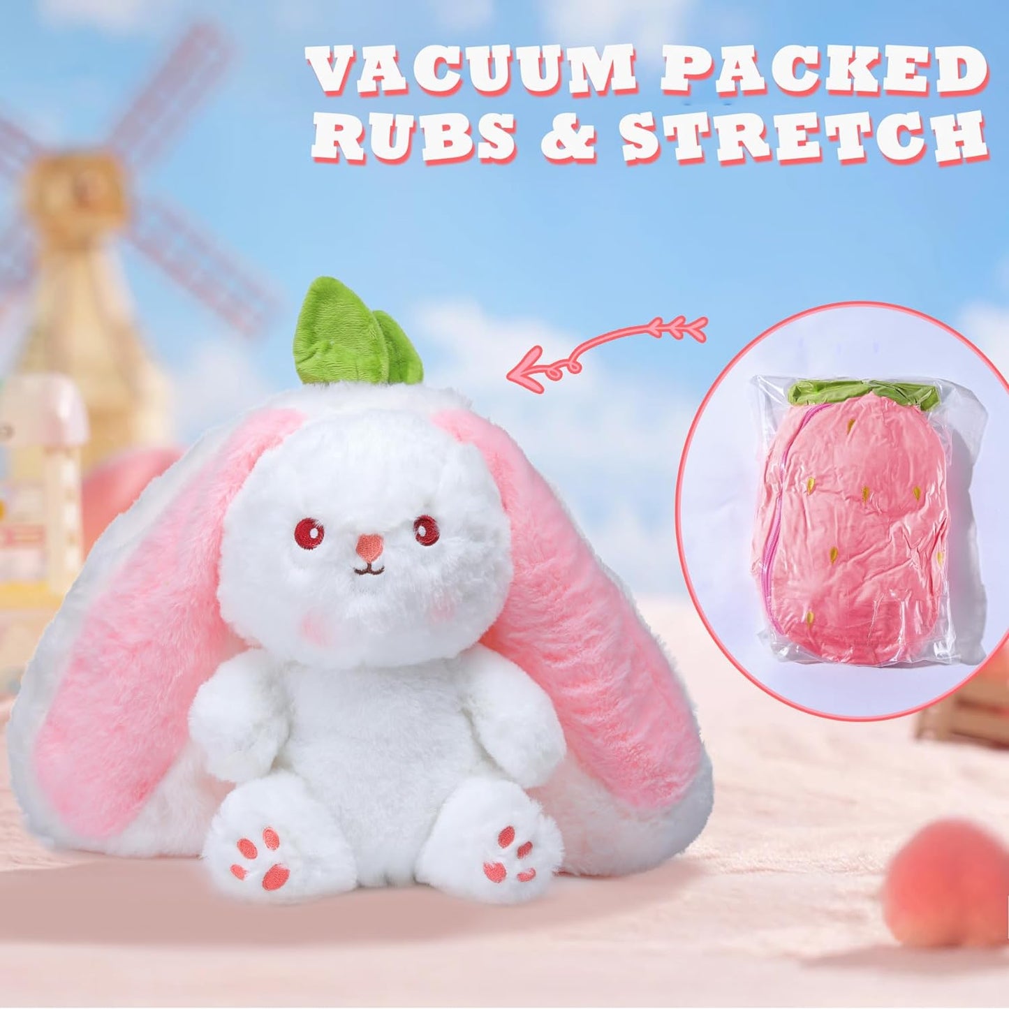 Bunny Stuffed Animal Reversible Cuddle Bunny Stuffed,Strawberry Bunny Transformed Rabbit Plush Zipper,Carrot That Turns into Ears Bunnies Plushies Toy Cute Stuffy Doll Easter Girlfriend Gift