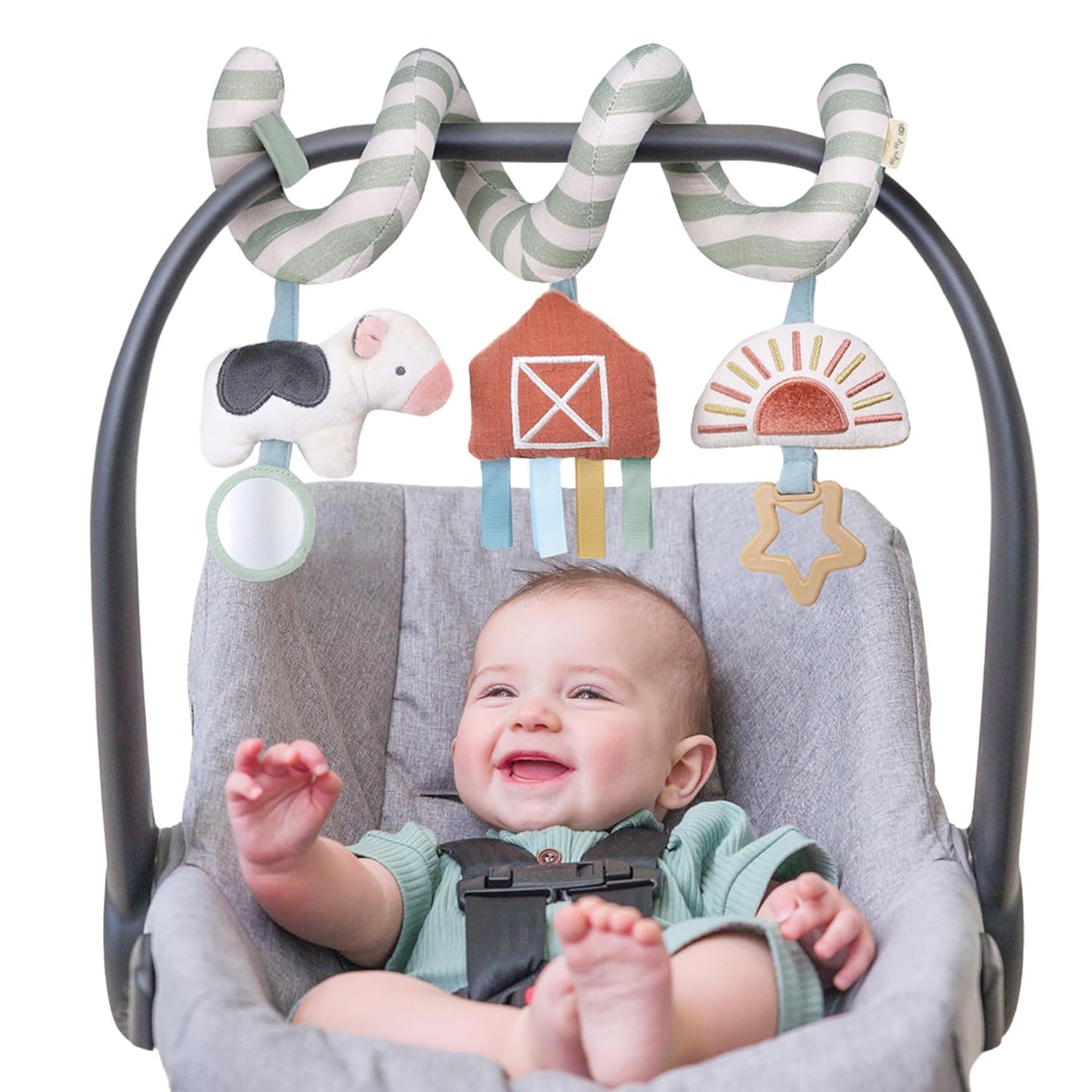 Spiral Car Seat & Stroller Activity Toy - Stroller & Car Seat Toys for Ages 0 Months and up - Hanging Toys Include Dangling Ring, Mirror and Textured Ribbons (Farm)