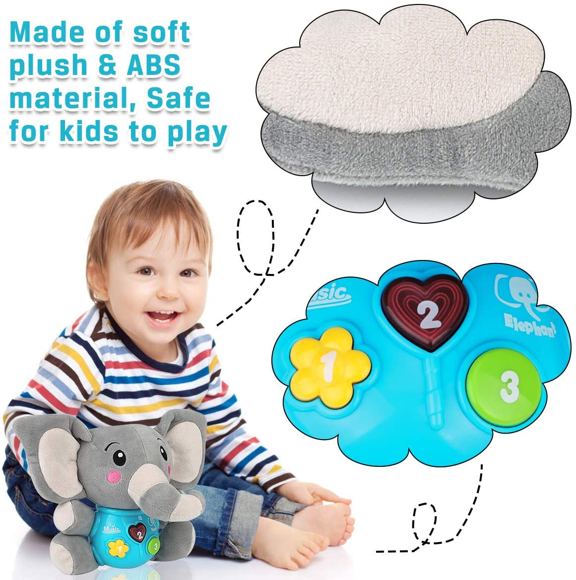 Plush Elephant Music Baby Toys 0 3 6 9 12 Months, Cute Stuffed Aminal Light up Baby Toys Newborn Baby Musical Toys for Infant Babies Boys & Girls Toddlers 0 to 36 Months (Gray)