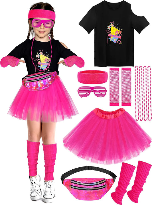 13 Pieces Kids 80S Costume Accessories Set Girl'S 80S Cosplay T-Shirt Tutu Outfit Headband Necklace Gloves Leg Warmer