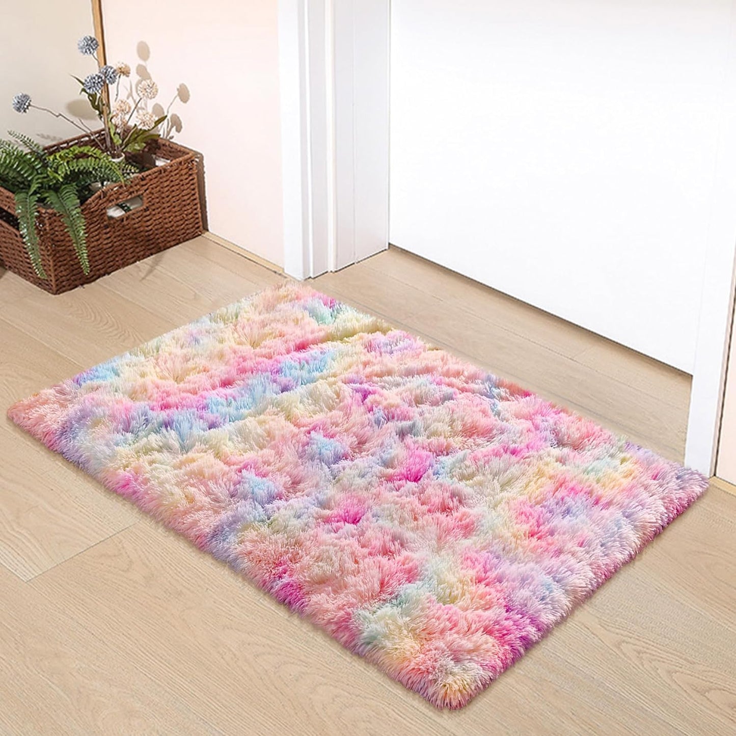 Shaggy Tie Dyed Light Rainbow Rug Small,2X3 Area Rugs for Living Room Door Entryway Indoor inside Front Entrance Dog Mat Anti-Skid Extra Comfy Fluffy Floor Carpet for Home Decorative