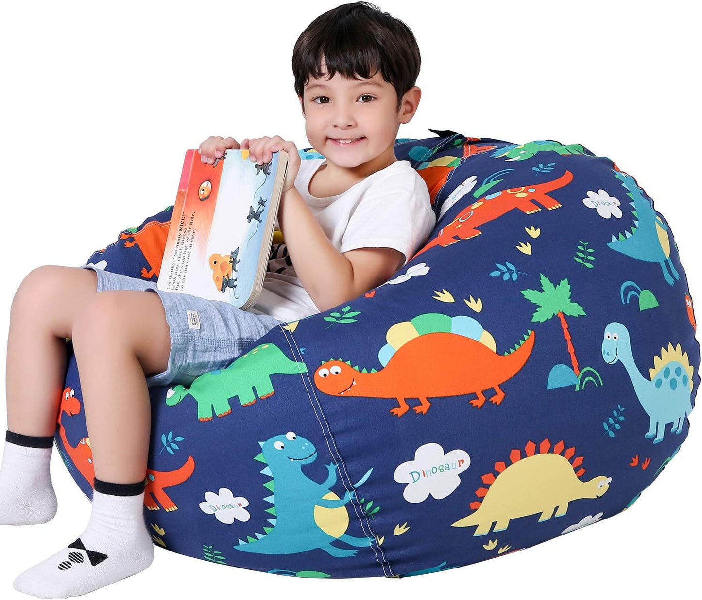 Stuffed Animal Storage Bean Bag Chair Cover for Kids, Dinosaur Zipper Beanbag Chair Cover for Organizing Toddler & Kids' Rooms Plush Toys (Dinosaur, Large)