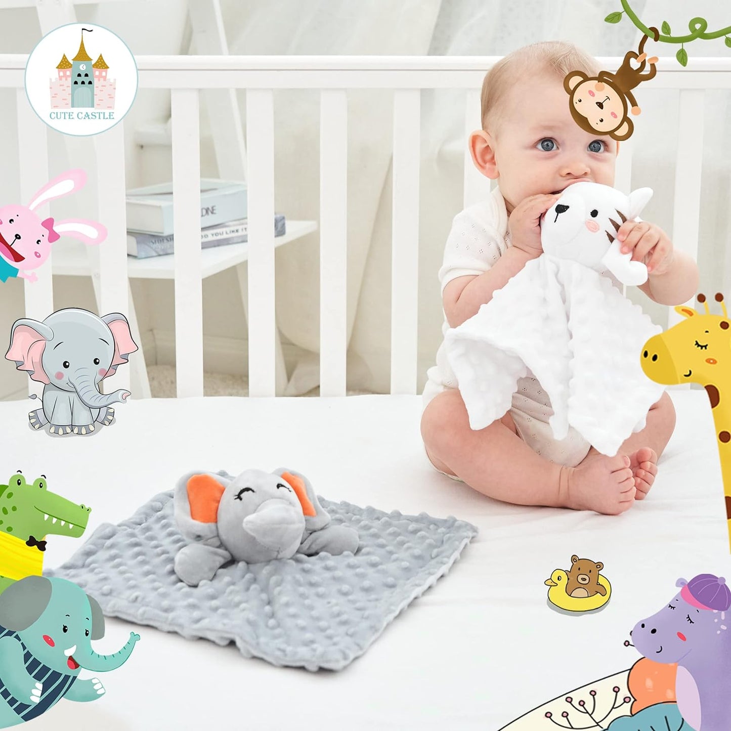 Security Blanket for Babies Gifts - Soft Unisex Newborn Essentials for Boys and Girls - Neutral Baby Stuff Snuggle Toy - Baby Registry Search Shower (Tiger & Grey Elephant)