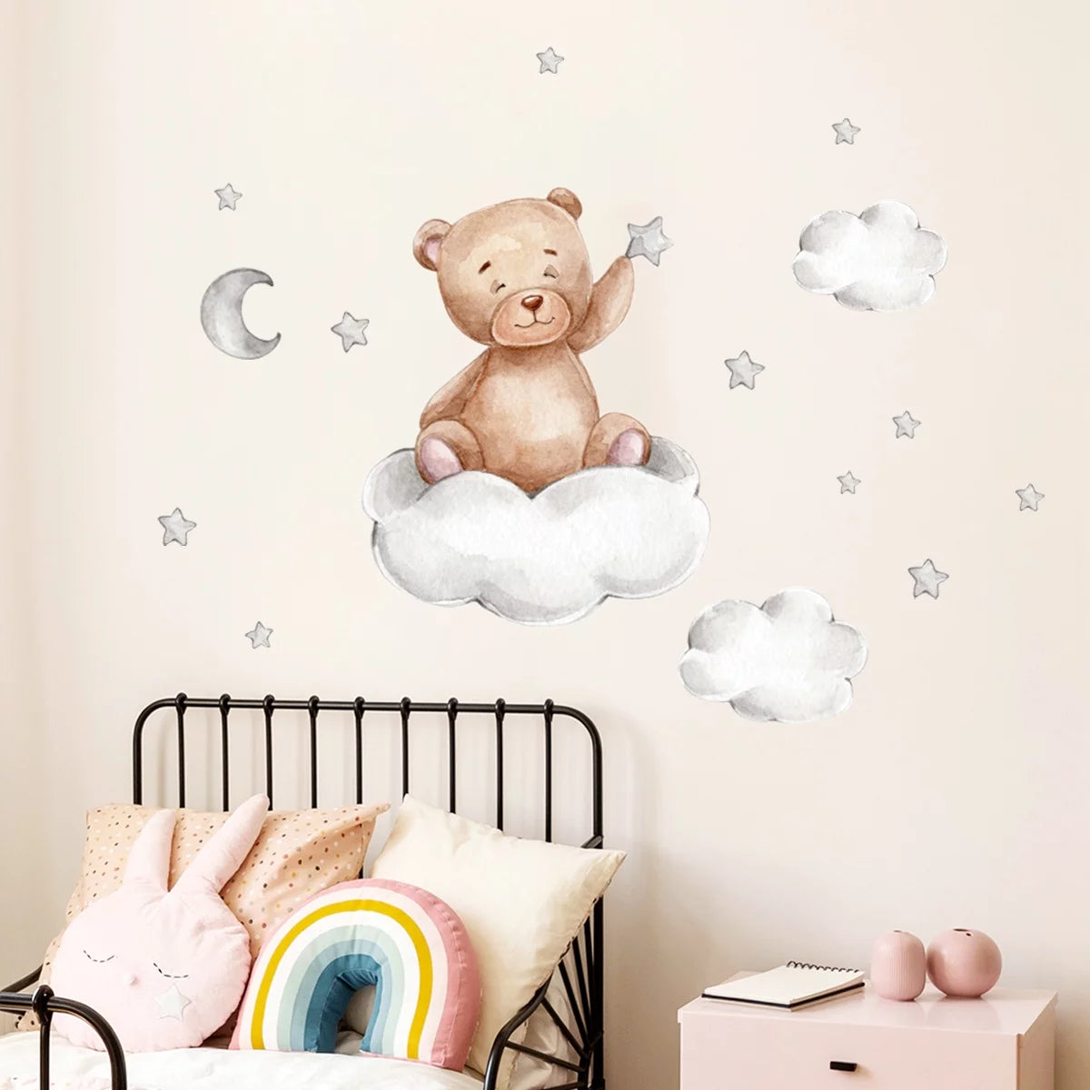 Bear Sleeping on the Moon and Stars Wall Stickers for Kids Room Baby Room Decoration Wall Decals Room Interior