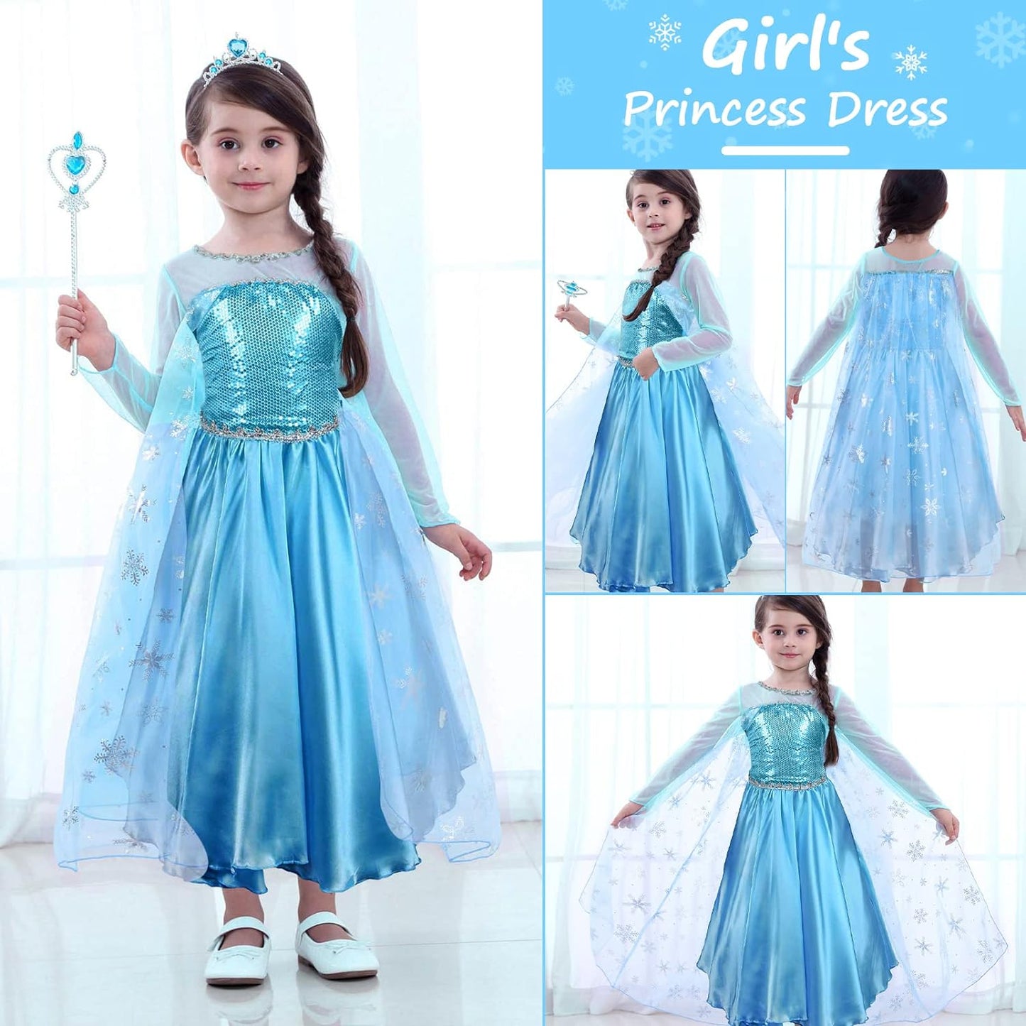 Princess Dress Costume for Girls Deluxe Fancy Dress up Birthday Cosplay Costume with Crown Wand Accessories