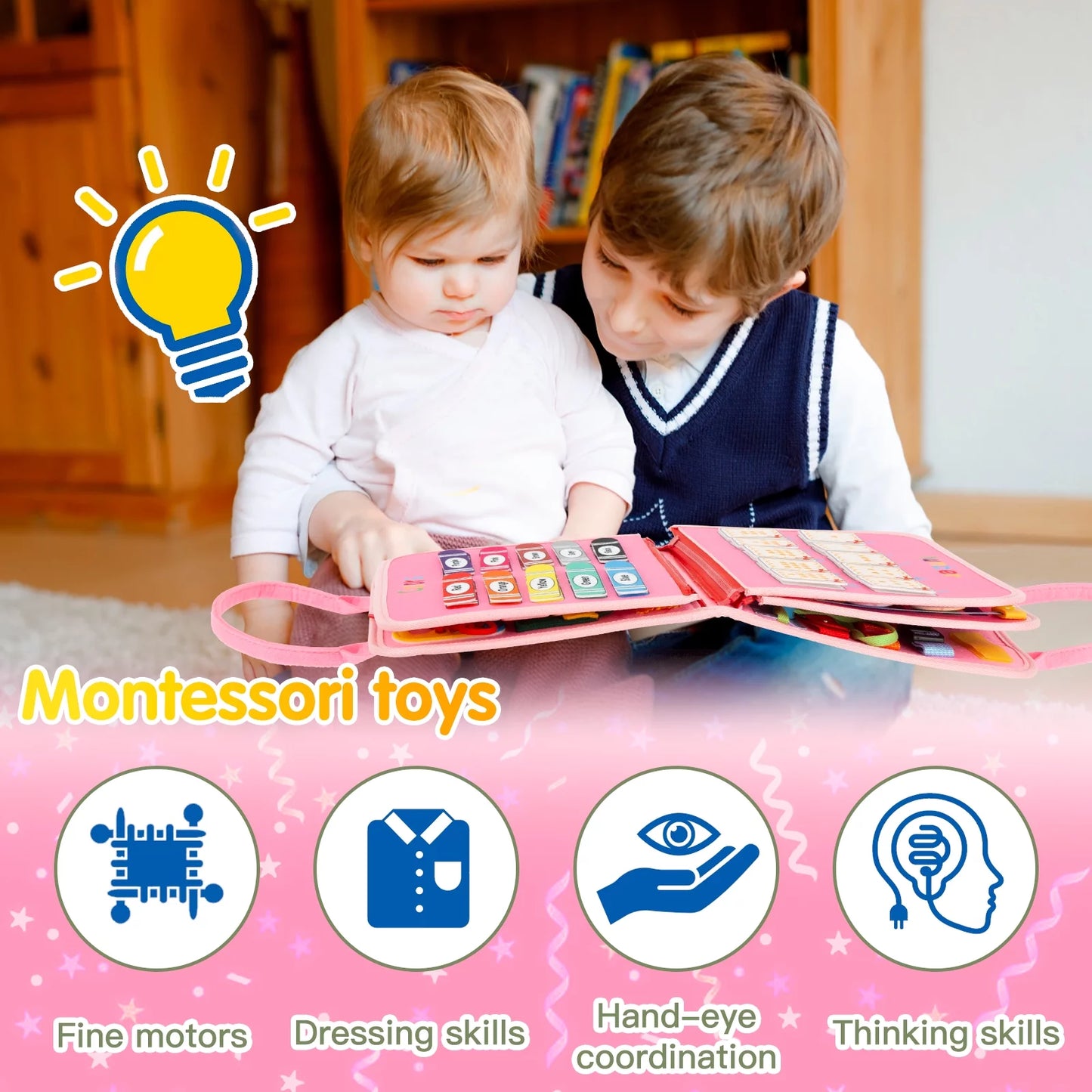 Busy Board for Fine Motor Skills, Montessori Toy for Autism, Travel Toy for Toddlers, Preschool Learning Toys for 1 2 3 4 Year Old, Gift for Girls & Boys, Pink