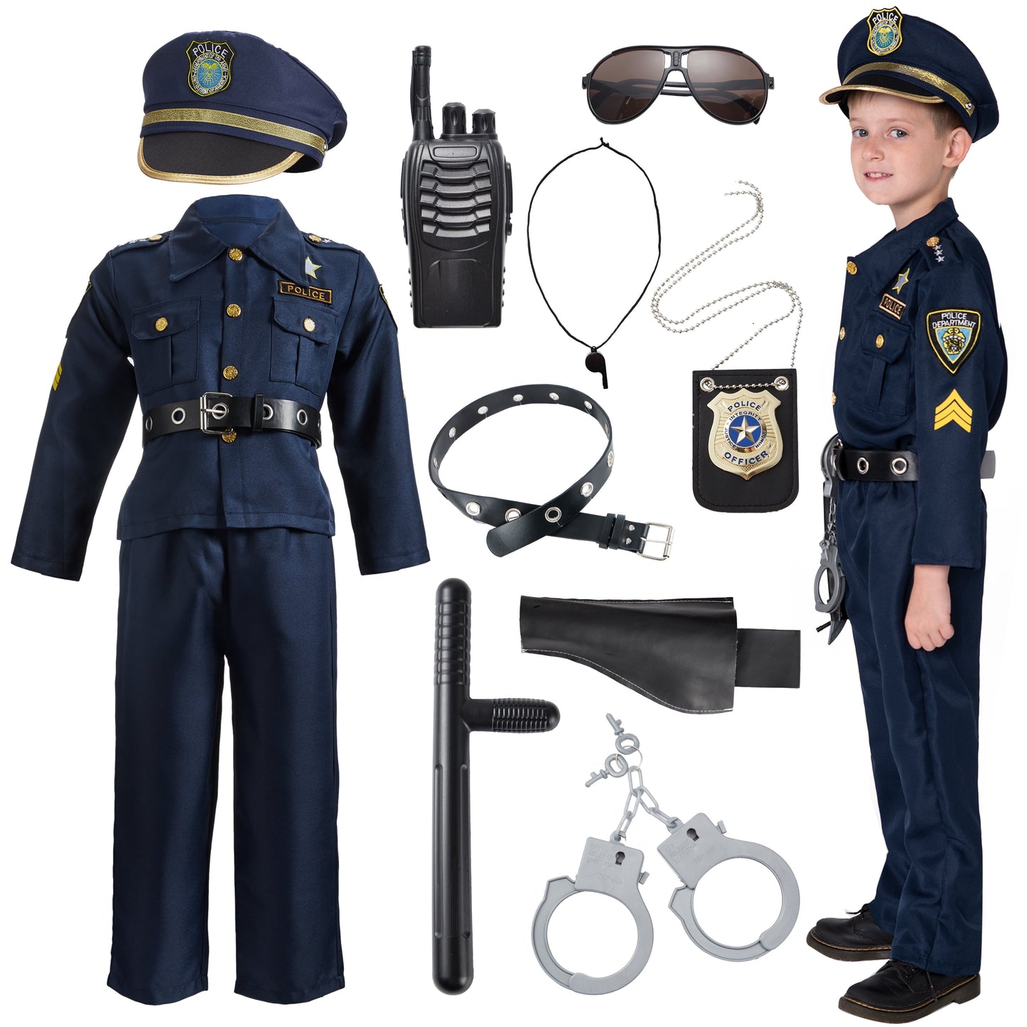 Police Officer Costume Set for Boys, Police Man Pretend Kit Halloween Costume Cosplay for Toddler Kids 3-10 Years