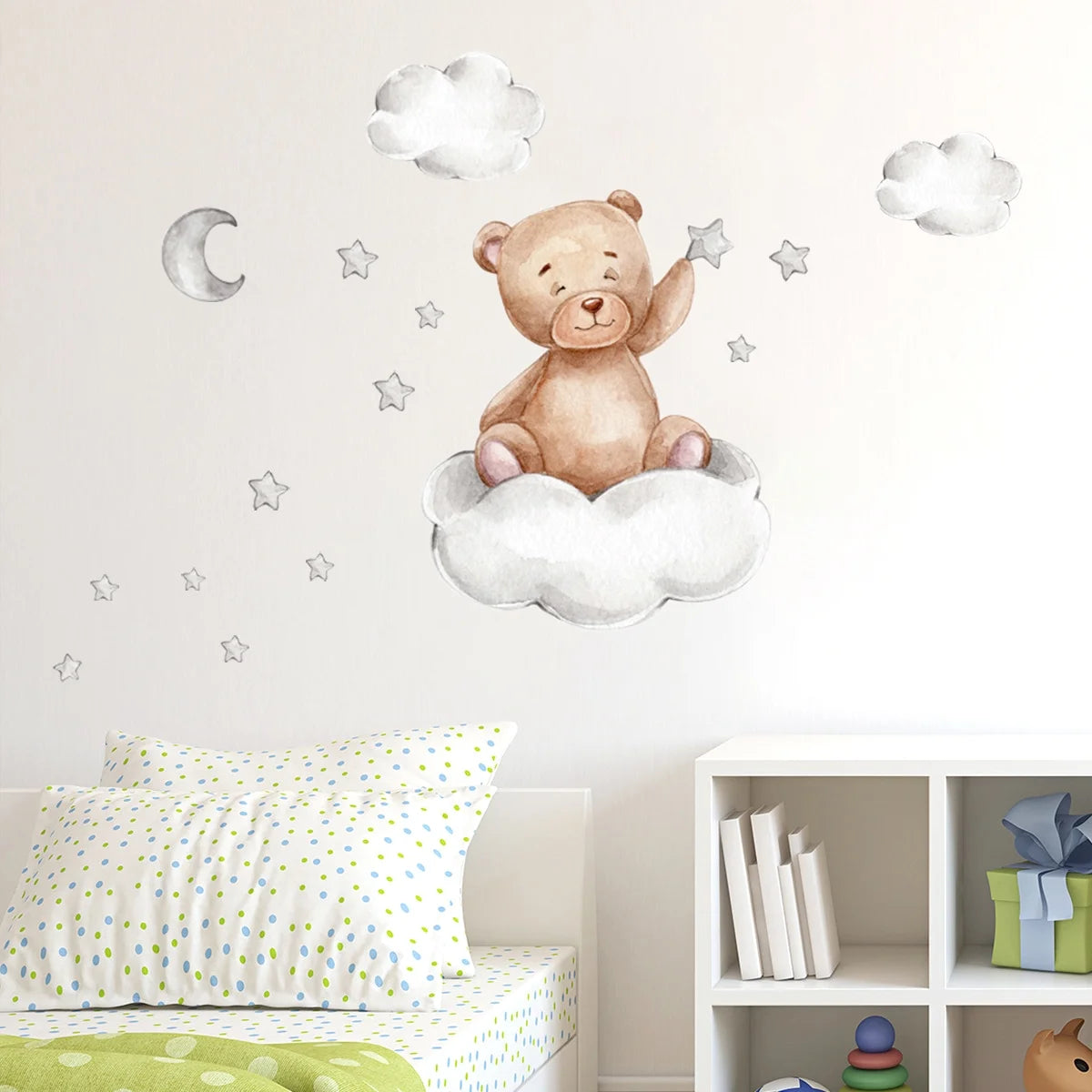 Bear Sleeping on the Moon and Stars Wall Stickers for Kids Room Baby Room Decoration Wall Decals Room Interior