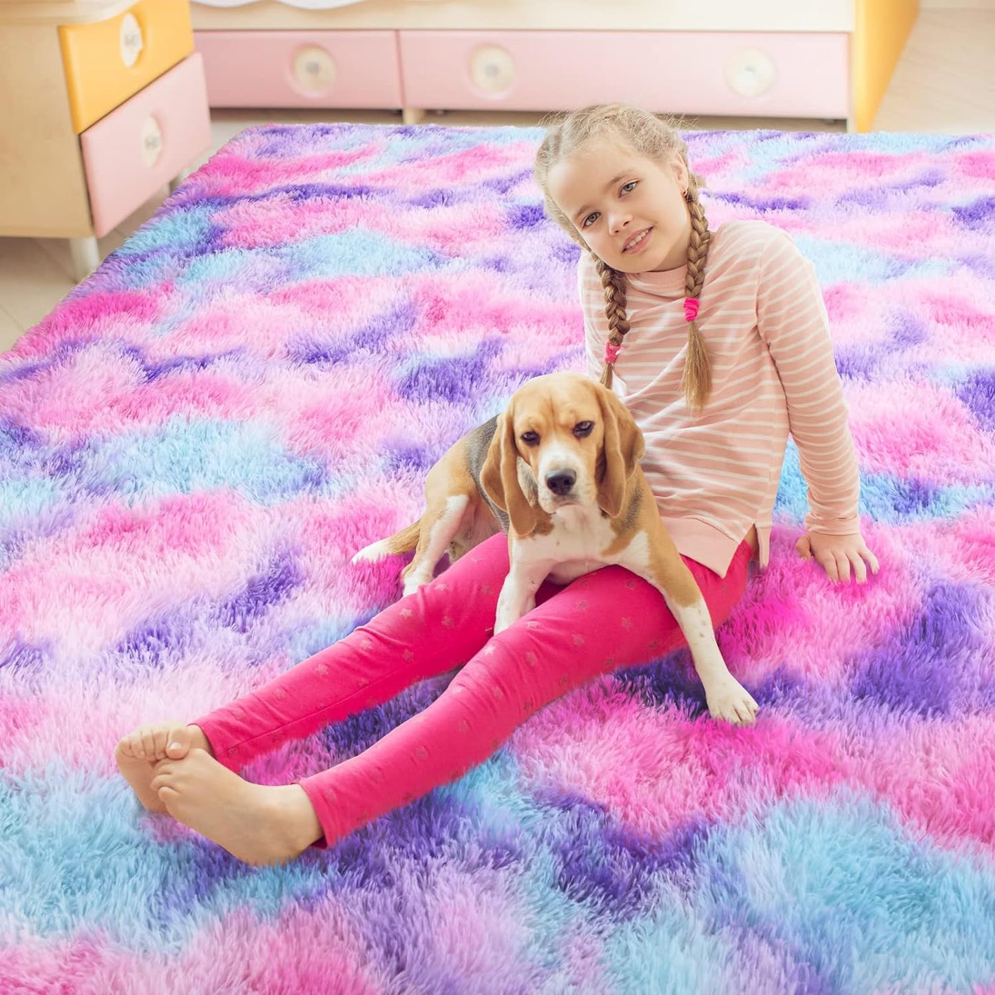 Soft Rainbow Area Rugs for Girls Room 3X5 Feet, Fluffy Cute Colorful Princess Carpet for Kids Teens Nursery Toddler,Bedroom Hot Pink