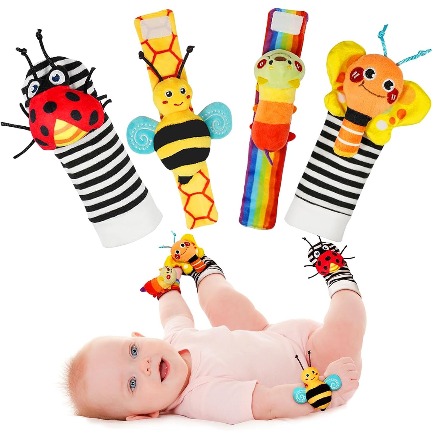 Baby Wrist Rattle Socks and Foot Finder Set, Perfect Baby Toys for 0-12 Months Newborn Boys and Girls as Baby Shower Gifts, Garden Bug Series