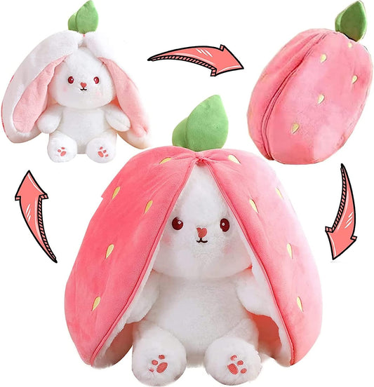 Bunny Stuffed Animal Reversible Cuddle Bunny Stuffed,Strawberry Bunny Transformed Rabbit Plush Zipper,Carrot That Turns into Ears Bunnies Plushies Toy Cute Stuffy Doll Easter Girlfriend Gift